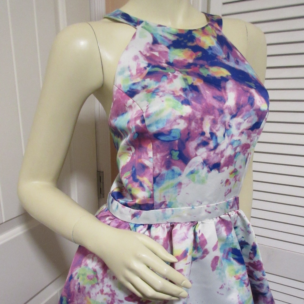 PARKER Fit-and-Flare Skater Dress 10 White Multicolor Satin Fairy Princess Party - Picture 3 of 8